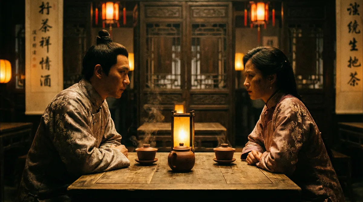 国产精品古装剧情片拍摄剧照-茶馆对话场景